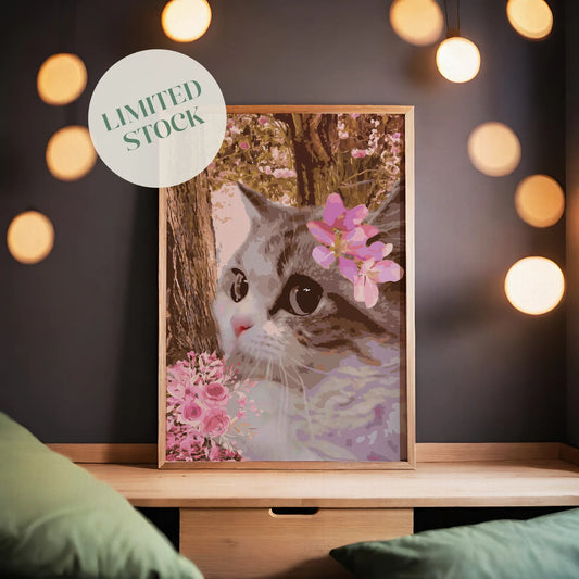 Printable wall art of a close-up of a cat with big, expressive eyes, adorned with pink blossoms, set against a dreamy background of flowering trees and soft floral accents, perfect for romantic and nature-inspired home decor