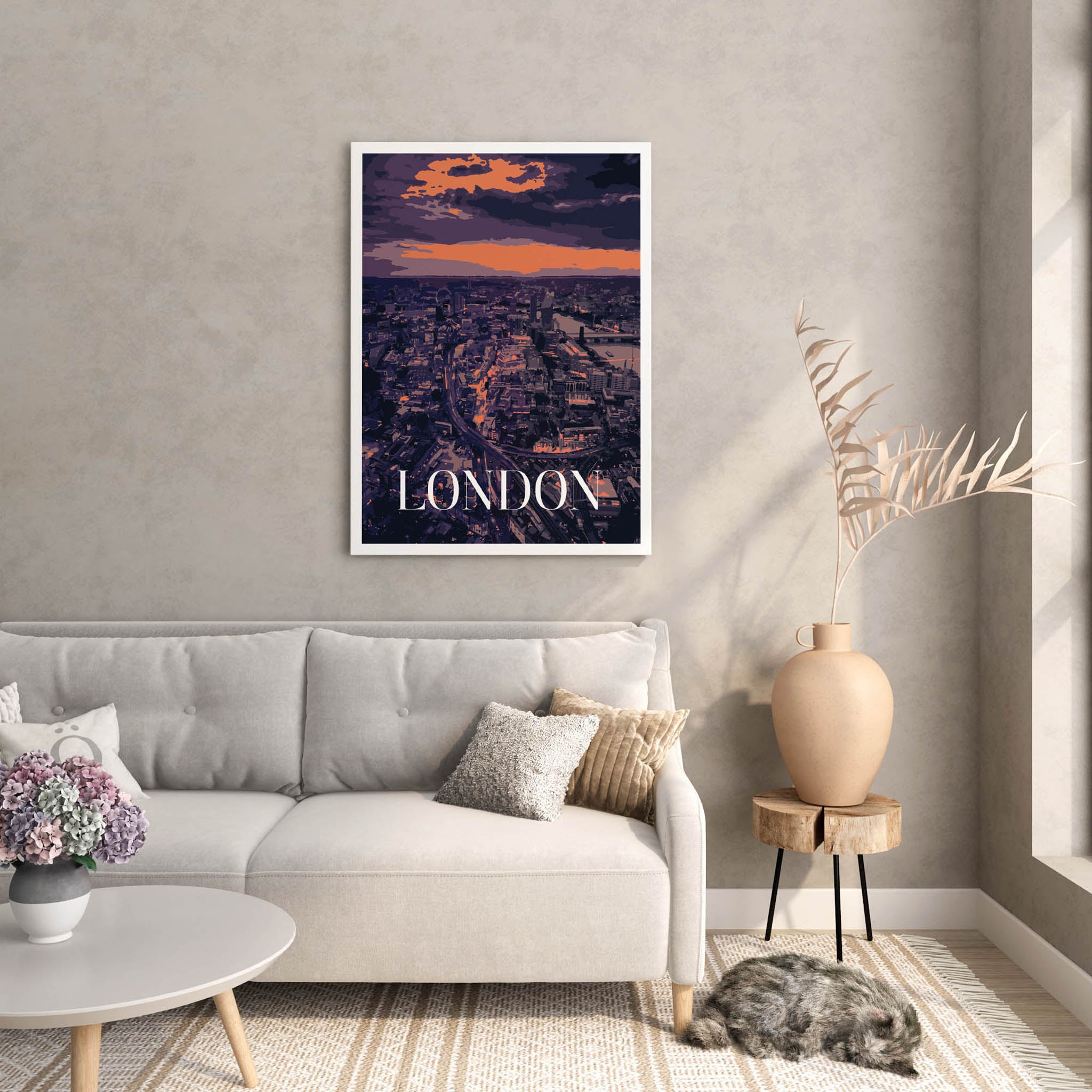 Modern London cityscape wall art featuring a moody aerial view of the city at sunset, with glowing orange and purple tones, iconic architecture, the River Thames, and bold 'LONDON' text at the bottom
