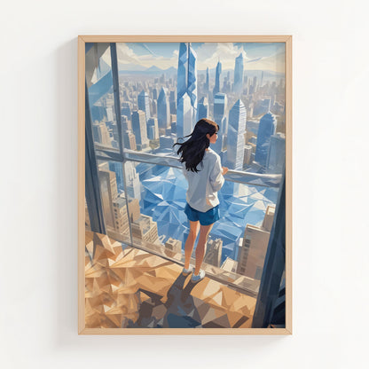 Young woman overlooking a futuristic city skyline from a high-rise window in a soft blue digital art scene
