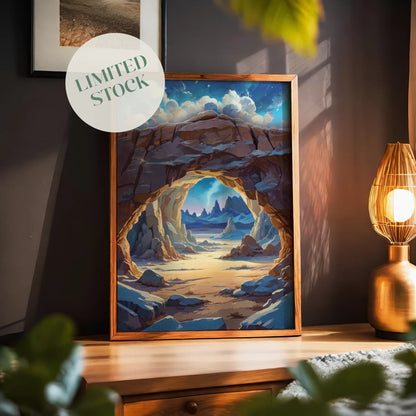 Digital painting of a scenic desert canyon with a natural rock arch framing distant mountains under a dreamy sky, printable wall art perfect for nature and landscape lovers