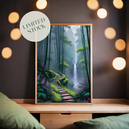 Scenic wall art of a misty bamboo forest with a winding path leading to a tall waterfall surrounded by lush greenery and purple flowers
