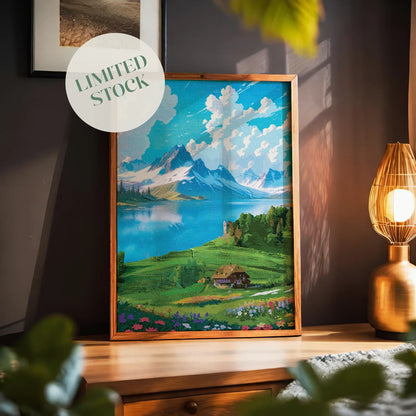 Vibrant digital painting of a scenic alpine landscape featuring a serene lake, snow-capped mountains, a cozy cottage, and blooming wildflowers - printable wall art for nature and travel lovers. 