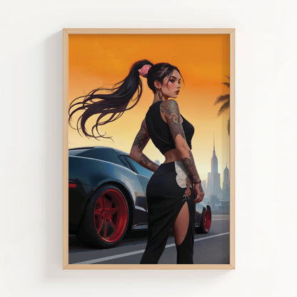 Tattooed woman with long ponytail standing beside sports car at sunset city skyline, edgy urban aesthetic printable wall art digital download