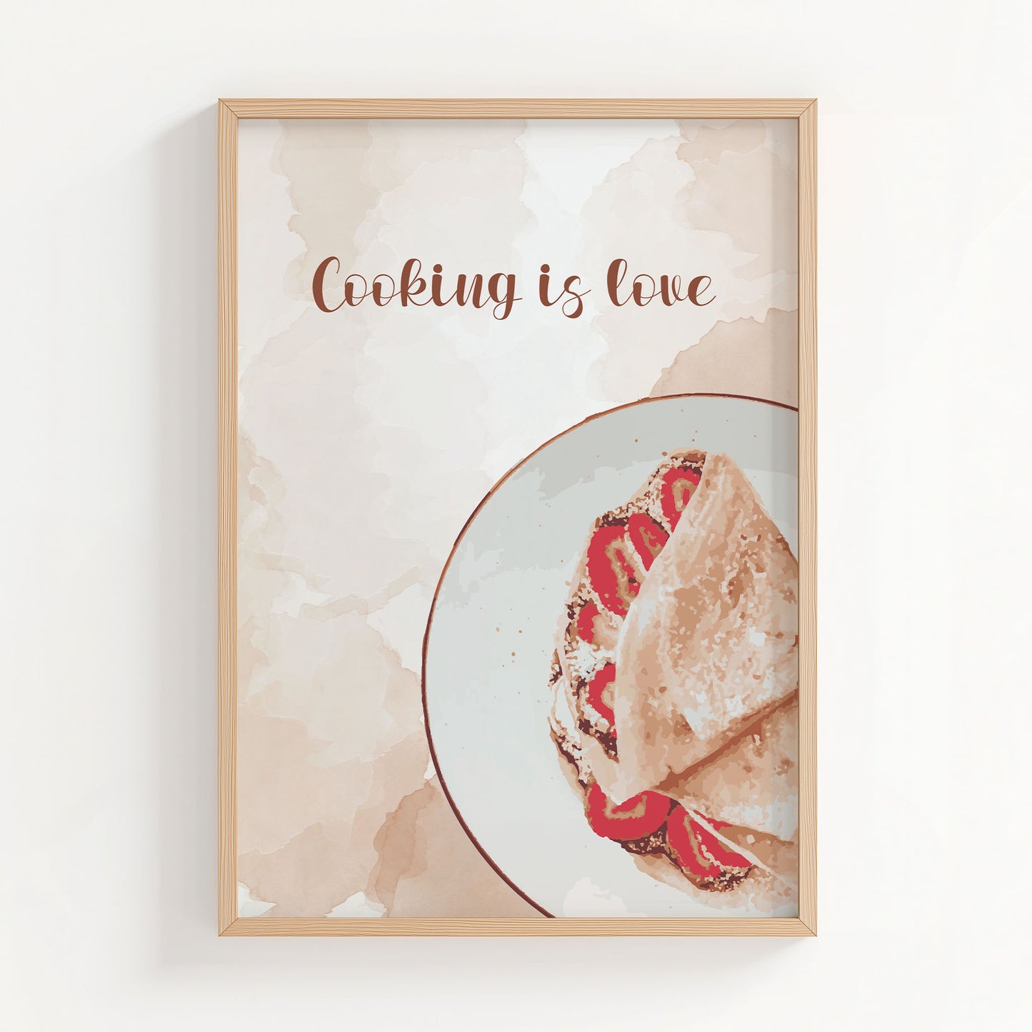 Minimalist kitchen wall art featuring a crepe with fresh strawberries on a white plate and the hand-lettered phrase 'Cooking is love' in elegant script, ideal for adding warmth to any culinary space