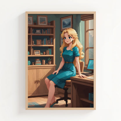Warm and inviting illustration of a blonde woman in a teal dress sitting by a wooden desk in a cosy home office. Sunlight filters through the window, highlighting bookshelves filled with books, framed art, and plants, creating a calm and creative workspace atmosphere.