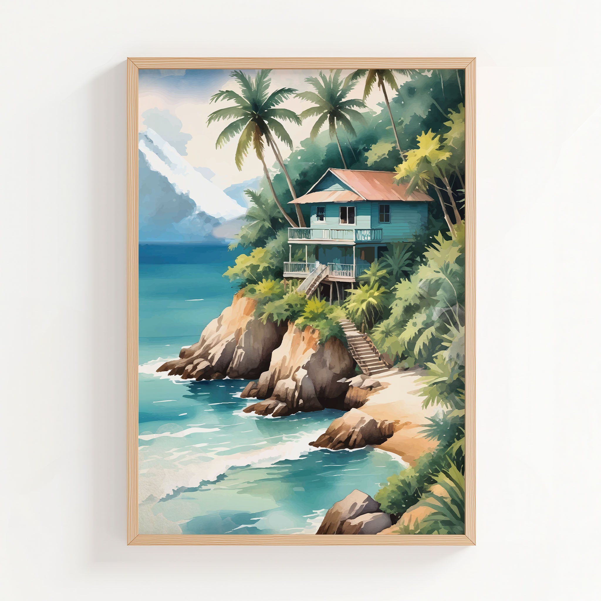 Tropical beach wall art of a wooden house on a cliff surrounded by palm trees, overlooking turquoise ocean waves with mountains in the background