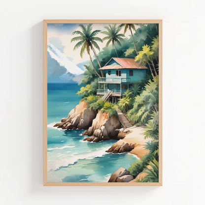 Tropical beach wall art of a wooden house on a cliff surrounded by palm trees, overlooking turquoise ocean waves with mountains in the background