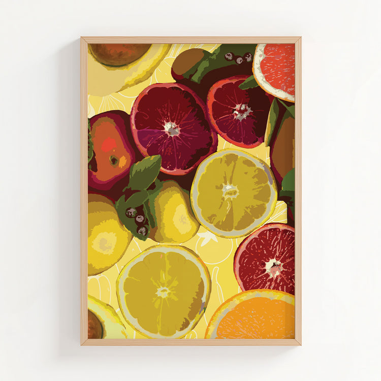 Bold and colorful printable wall art of sliced citrus fruits including blood oranges, lemons, and grapefruits on a vibrant yellow background, ideal for brightening up kitchens, cafes, or fruit-themed decor spaces