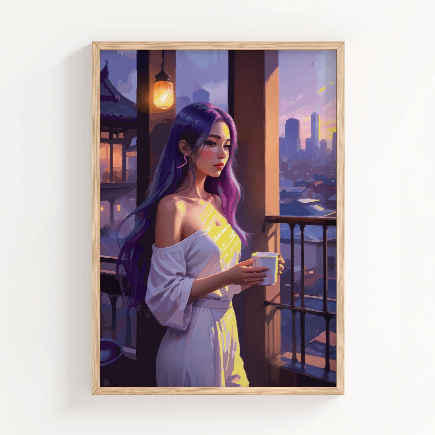 Dreamy illustration of a woman with long purple hair standing on a balcony at sunset, holding a cup of coffee. She wears an off-shoulder white outfit as warm golden light casts soft highlights on her face and clothes. The city skyline glows in the distance, creating a calm and reflective evening atmosphere.