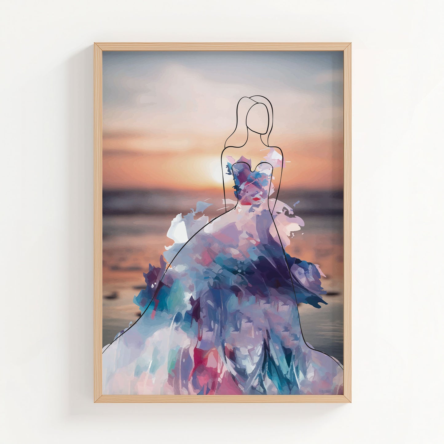 Elegant printable wall art featuring a minimalist line drawing of a woman in a flowing, abstract watercolour gown with vibrant purples, blues, and pinks, set against a serene sunset beach background, perfect for modern, fashion-inspired interiors
