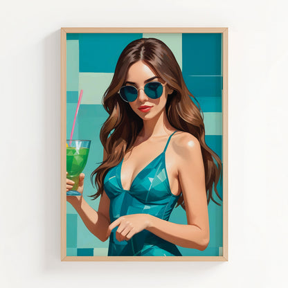Chic summer-themed printable wall art featuring a stylish woman in teal sunglasses and dress, holding a vibrant green cocktail, set against a bold geometric teal and aqua background - perfect for beach or poolside decor