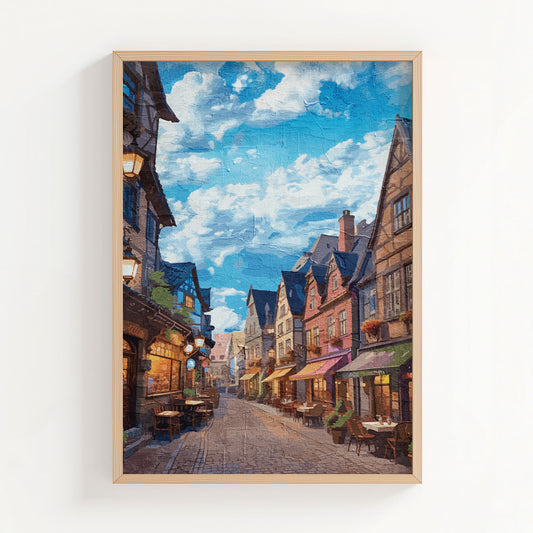 Cozy European village street wall art depicting a cobblestone alley lined with colorful historic buildings, quaint outdoor cafés, and warm lights under a vibrant blue sky with scattered clouds