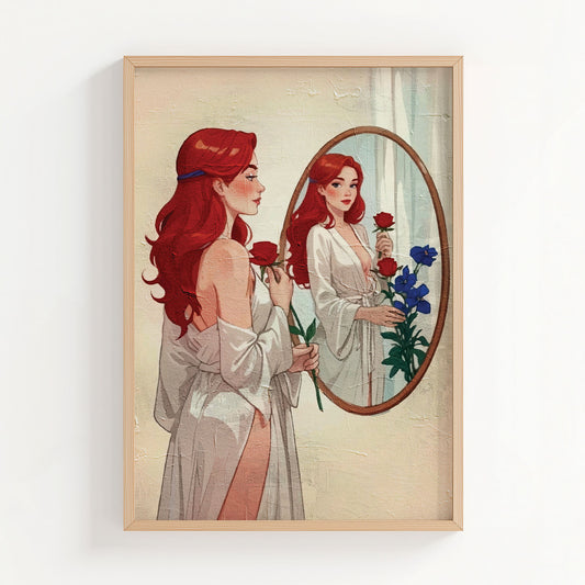 Elegant illustration of a red-haired woman in a silk robe holding a rose while looking into an oval mirror