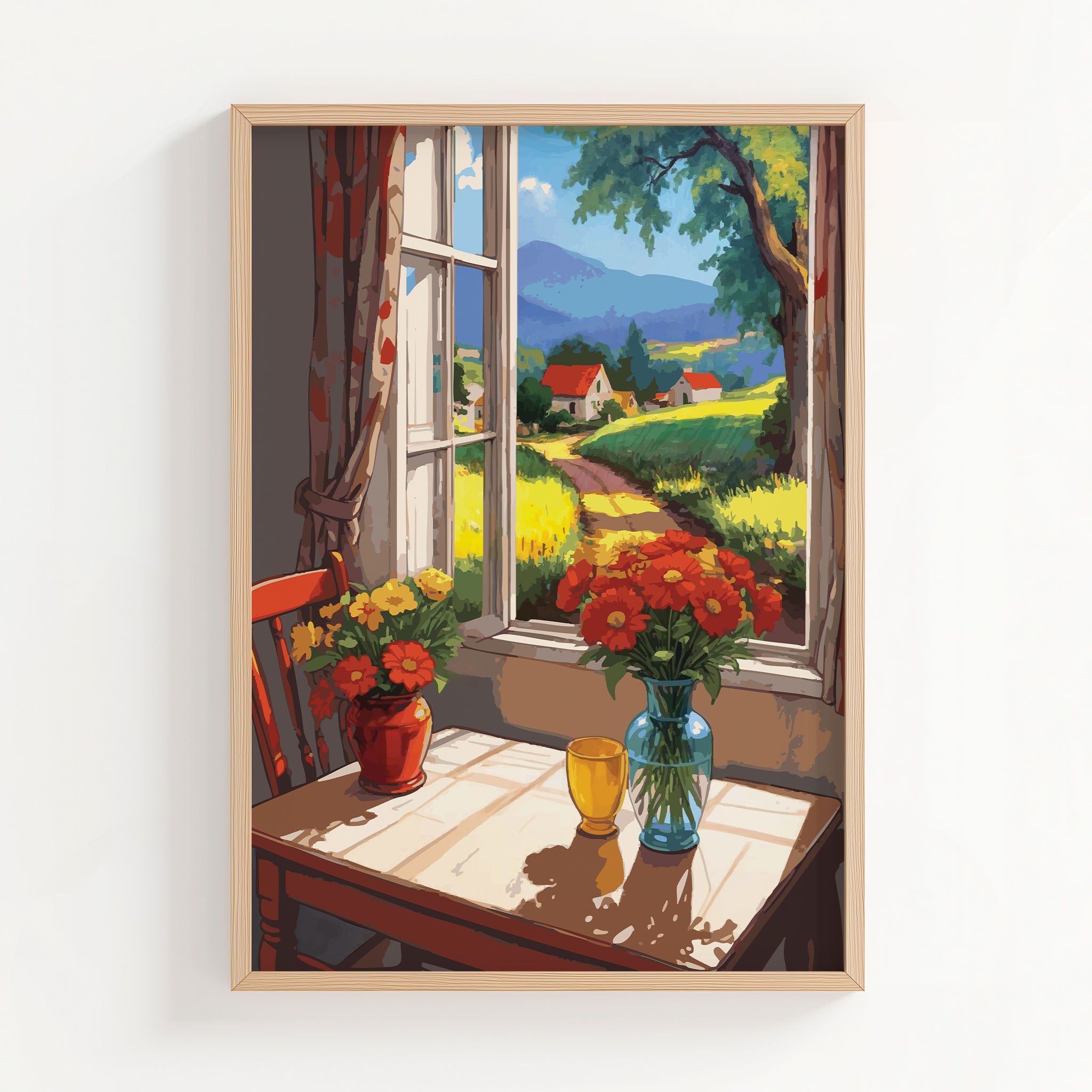 Peaceful rural village landscape with mountains and country road, cottagecore printable wall art digital download