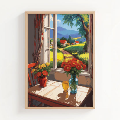 Peaceful rural village landscape with mountains and country road, cottagecore printable wall art digital download