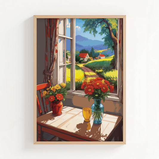 Peaceful rural village landscape with mountains and country road, cottagecore printable wall art digital download