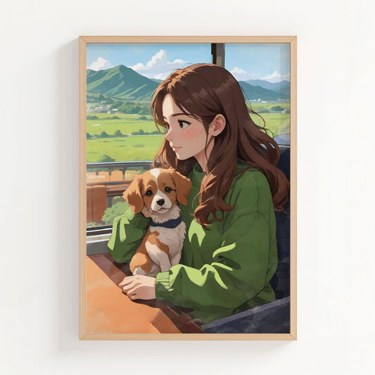 Cozy printable wall art featuring a girl with long brown hair in a green sweater, sitting by the window with a cute puppy, enjoying a peaceful countryside view with mountains and blue skies - perfect for dog lovers and nature-inspired home decor. 