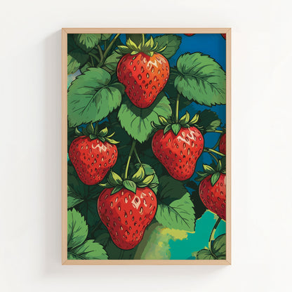 Printable wall art featuring vibrant red strawberries growing on lush green vines against a bold, colorful background, perfect for kitchen, farmhouse, or fruit-themed decor