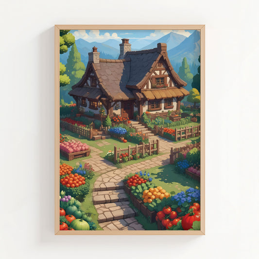 Charming cottagecore printable wall art featuring a fairytale-style house surrounded by a lush, colorful vegetable and flower garden, with stone paths, wooden fences, and mountain views in the background - perfect for cozy, homestead, or nature-inspired decor