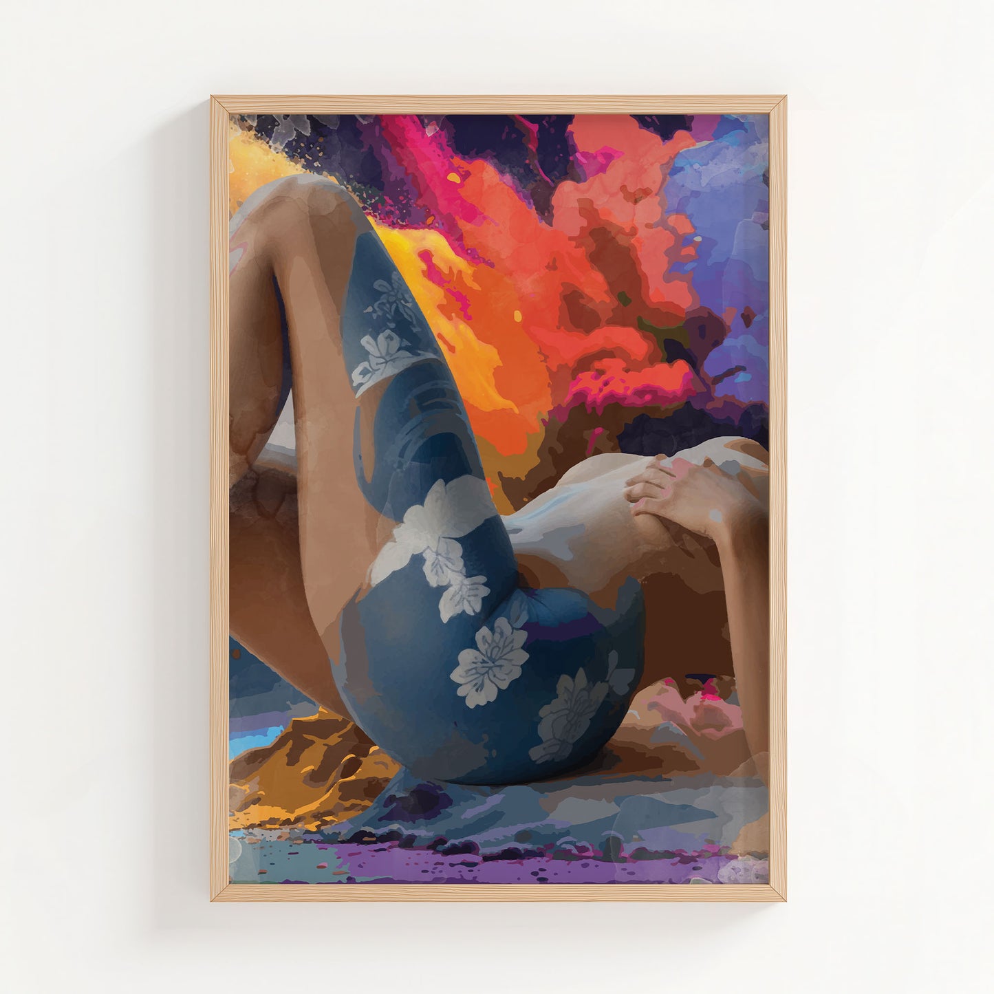 Bold and sensual printable wall art featuring a reclining nude female figure with floral body art, set against a dramatic, abstract explosion of fiery colours, perfect for modern, expressive, and statement-making interiors