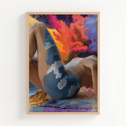 Bold and sensual printable wall art featuring a reclining nude female figure with floral body art, set against a dramatic, abstract explosion of fiery colours, perfect for modern, expressive, and statement-making interiors
