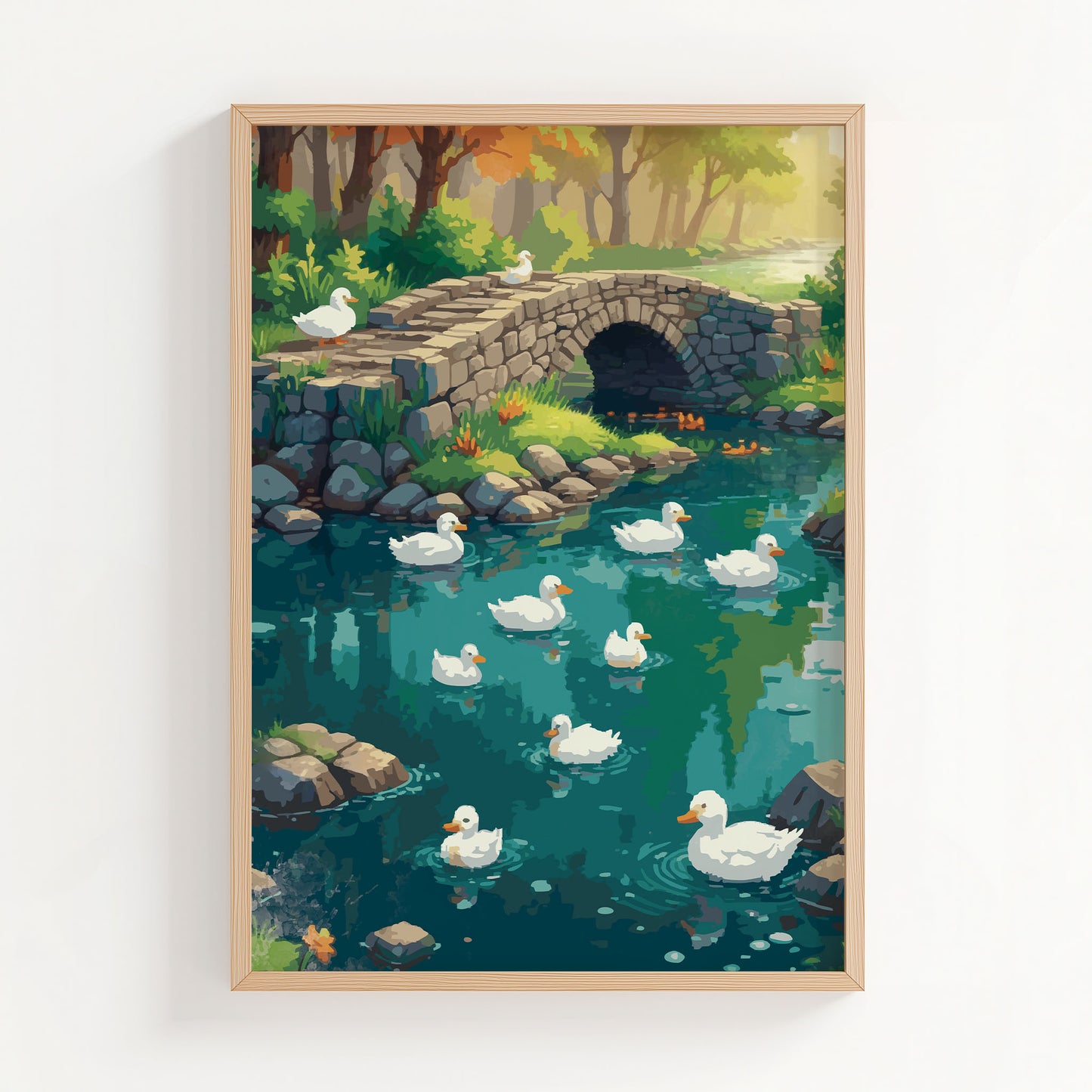 Peaceful nature scene featuring a group of white ducks swimming in a clear blue pond surrounded by rocks and greenery. A charming stone bridge crosses the water, with soft sunlight filtering through the trees, creating a warm and tranquil countryside atmosphere.