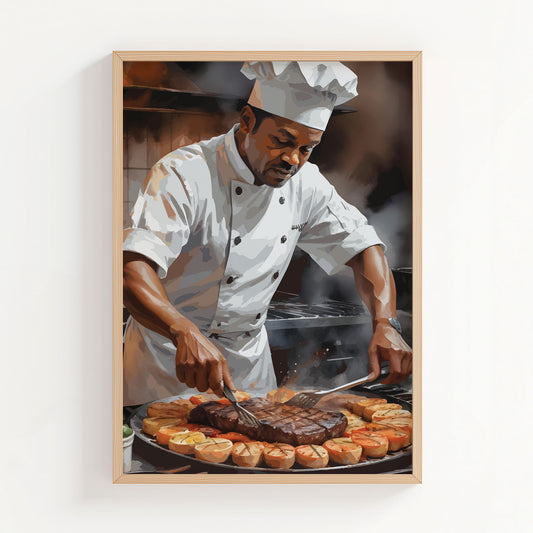 Digital wall art of a chef in uniform grilling steak and vegetables, surrounded by steam and rich kitchen ambiance.