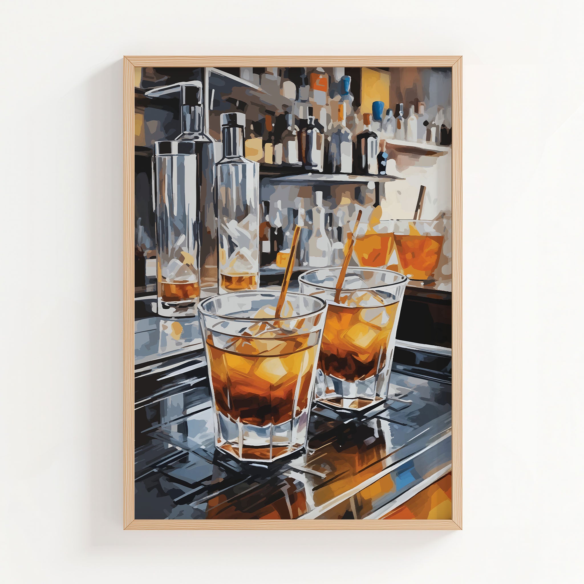 Printable wall art of stylish cocktail glasses filled with whiskey and ice, set on a reflective bar counter with bottles in the background, perfect for modern kitchen, home bar, or lounge decor