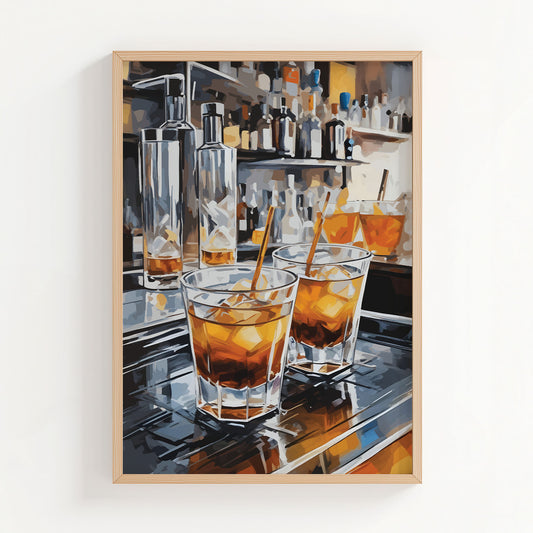Printable wall art of stylish cocktail glasses filled with whiskey and ice, set on a reflective bar counter with bottles in the background, perfect for modern kitchen, home bar, or lounge decor