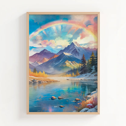 Majestic mountain landscape featuring snow-capped peaks under a radiant pastel sky with a glowing rainbow arching overhead. A calm turquoise lake reflects the colours of the sky and surrounding pine trees, creating a dreamy and uplifting nature scene filled with light and serenity.