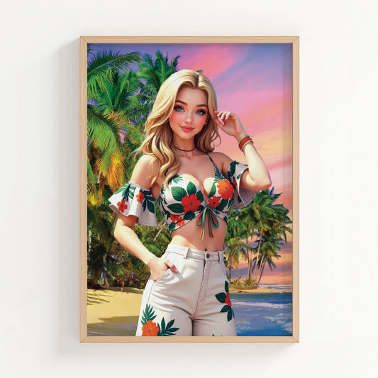 Tropical portrait of a blonde woman in floral summer outfit standing by palm trees at sunset beach