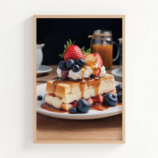 Dessert artwork of thick toast topped with whipped cream, strawberries, blueberries, and caramel drizzle