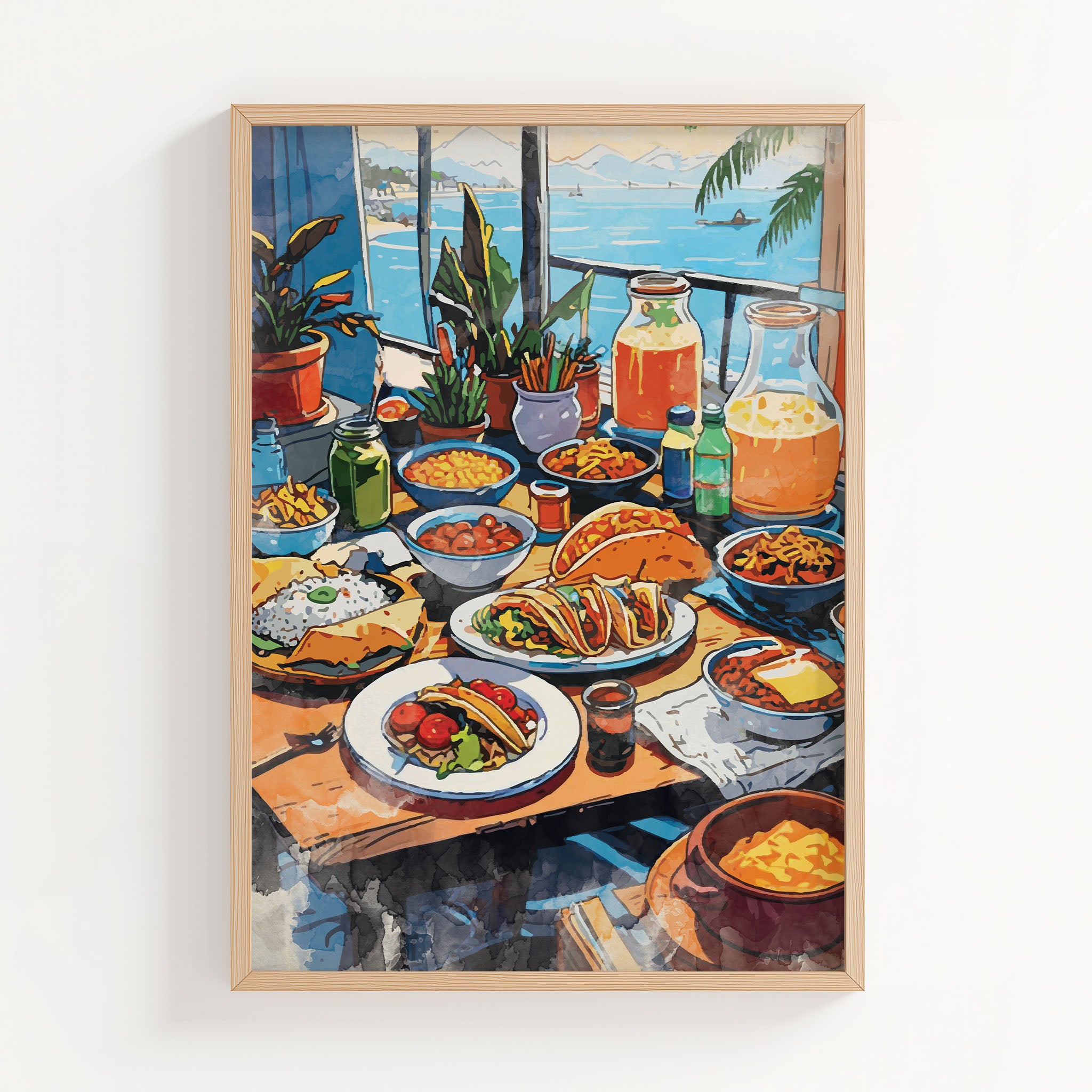 Colorful printable wall art of a festive Mexican dining table filled with tacos, rice, pasta, fresh vegetables, drinks, and juices, set against a scenic seaside view with potted plants and sailboats in the distance.
