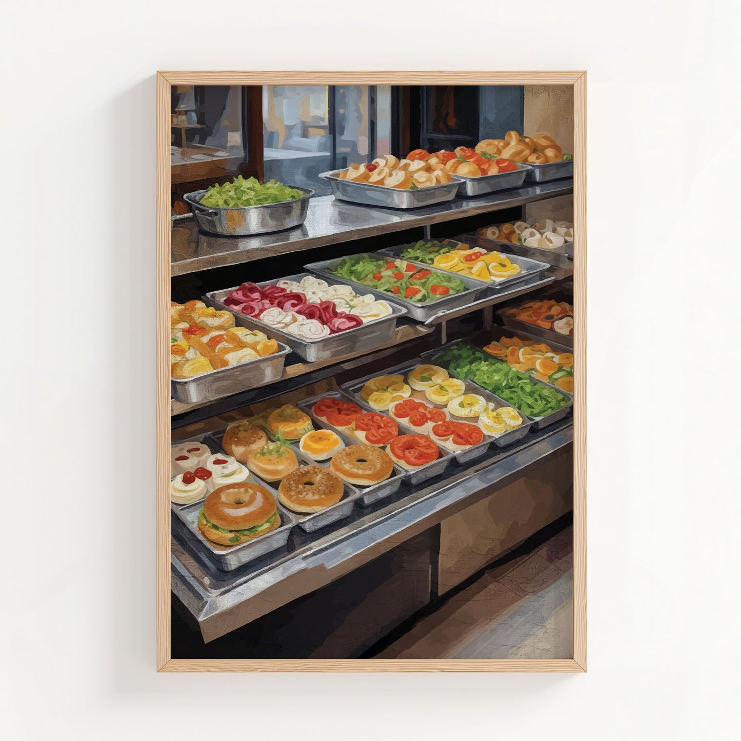 Bakery display with bagels, pastries, salads and sandwiches on trays, cozy café food illustration printable wall art digital download