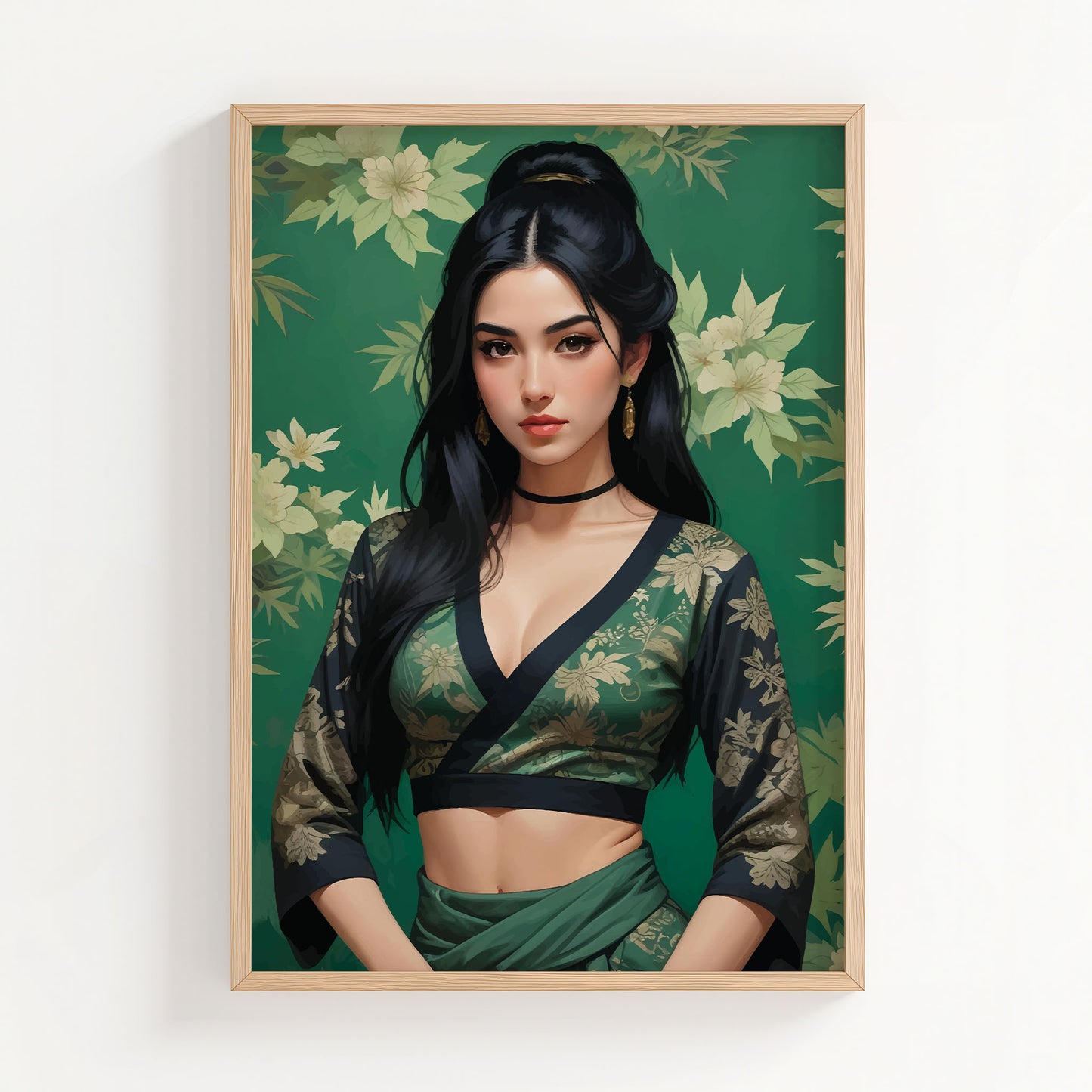 Elegant digital portrait of a woman with long black hair wearing a green floral traditional outfit against a matching botanical background, printable wall art for stylish interiors