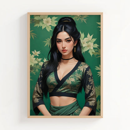 Elegant digital portrait of a woman with long black hair wearing a green floral traditional outfit against a matching botanical background, printable wall art for stylish interiors