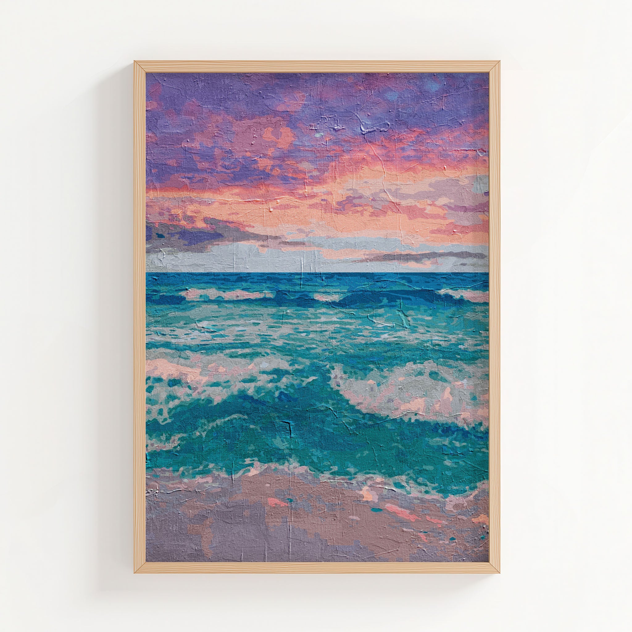 Peaceful ocean wall art featuring gentle turquoise waves rolling onto the shore beneath a vibrant pink and purple sunset sky, with a soft textured painterly effect