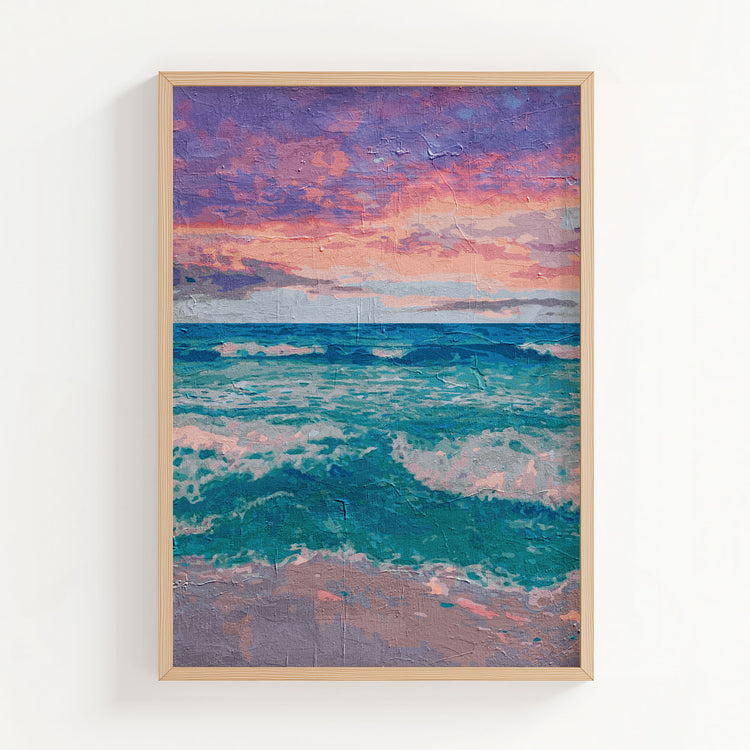 Peaceful ocean wall art featuring gentle turquoise waves rolling onto the shore beneath a vibrant pink and purple sunset sky, with a soft textured painterly effect