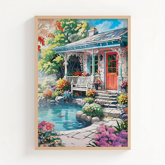 Charming garden cottage printable wall art featuring a cozy porch with a red door, white bench, and ornate trim, surrounded by blooming flowers and a koi pond under a bright blue sky - perfect for spring, floral, or cottagecore-inspired home decor