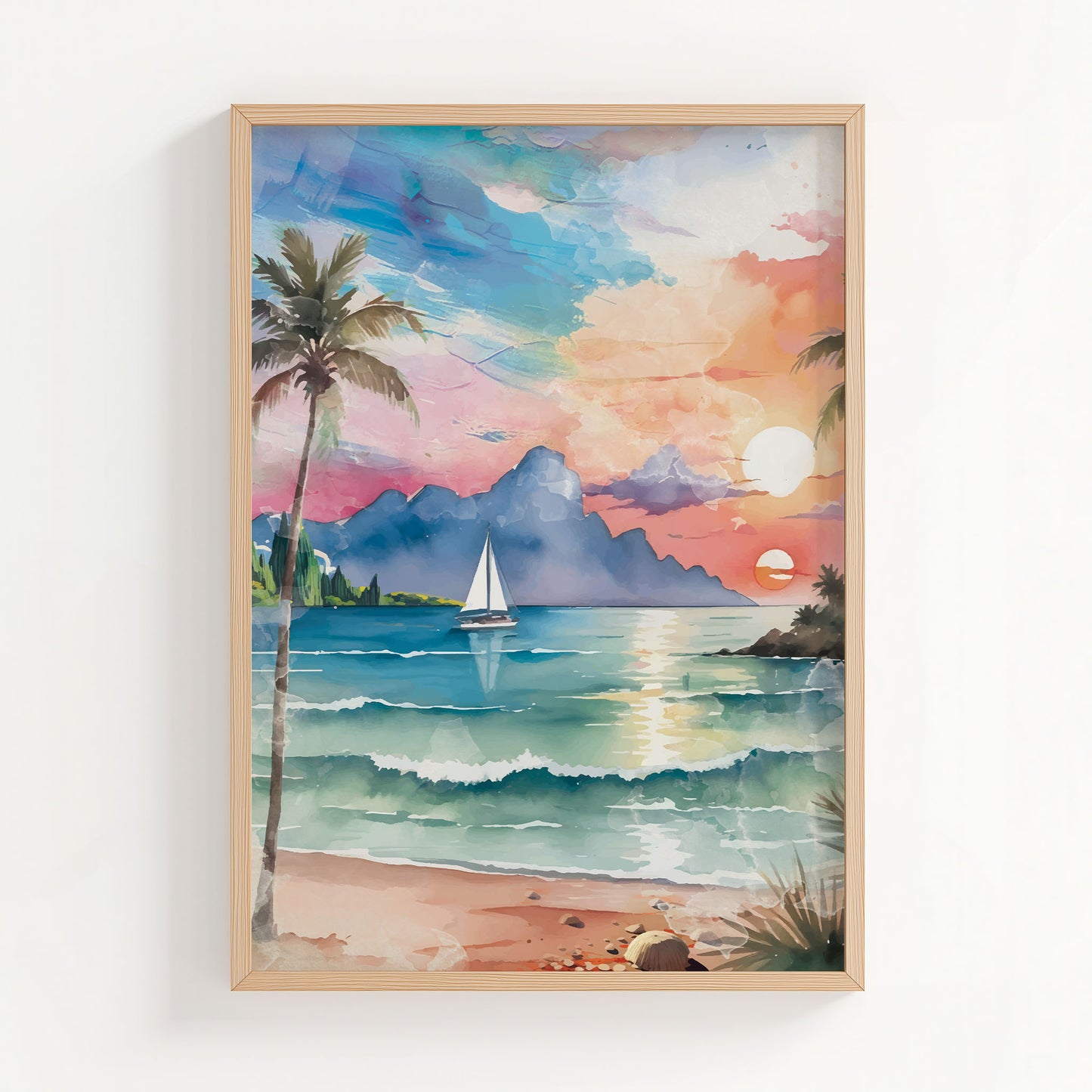 Watercolor-style printable wall art of a tropical beach sunset with palm trees, ocean waves, a sailboat, and mountains in the distance under a colorful sky