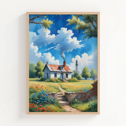 Charming countryside illustration of a cozy white cottage with a red roof surrounded by wildflowers and green fields, a winding stone path leading to the door, and soft clouds drifting across a bright blue sky. Peaceful rural wall art with a warm, nostalgic cottagecore atmosphere. Printable Wall Art. Digital Download.
