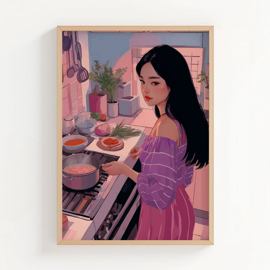 Stylish illustration of a woman cooking in a modern kitchen bathed in warm pink and purple tones. She wears an off-shoulder striped top and long skirt while stirring a pot on the stove, surrounded by herbs, vegetables, and kitchen utensils, creating a cozy and artistic home atmosphere.