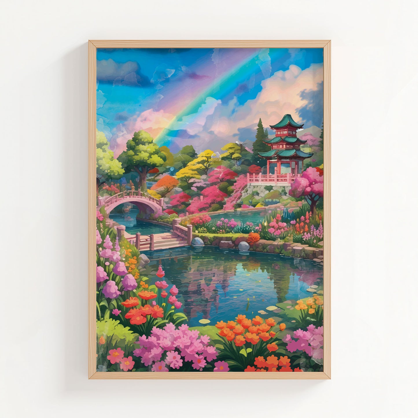 Vibrant printable wall art of a serene Japanese garden featuring a colorful rainbow, traditional pagoda, arched wooden bridges, and lush blooming flowers around a peaceful koi pond, perfect for zen, nature-inspired, or Asian-themed home decor.