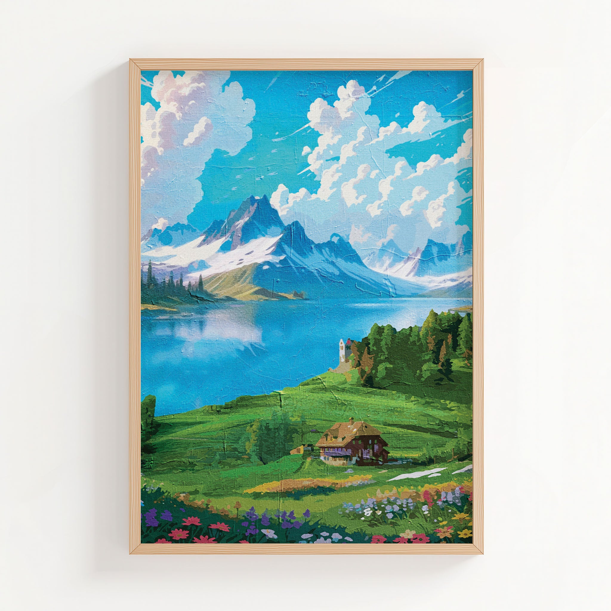 Vibrant digital painting of a scenic alpine landscape featuring a serene lake, snow-capped mountains, a cozy cottage, and blooming wildflowers - printable wall art for nature and travel lovers. 