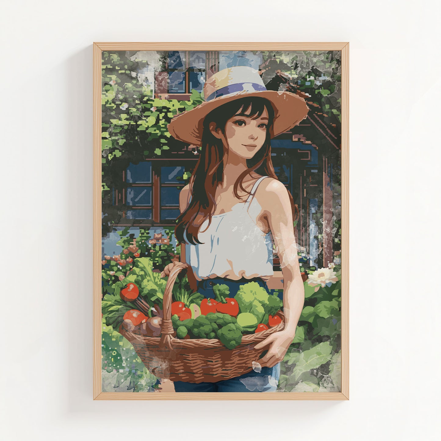 Charming digital artwork of a young woman holding a basket of fresh vegetables in a garden, wearing a straw hat and summer outfit - rustic farmhouse-style printable wall art for kitchen or home decor