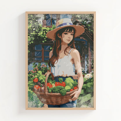 Charming digital artwork of a young woman holding a basket of fresh vegetables in a garden, wearing a straw hat and summer outfit - rustic farmhouse-style printable wall art for kitchen or home decor