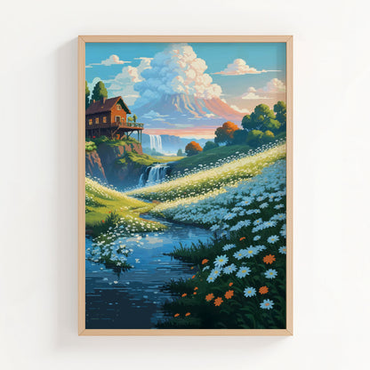 Printable wall art of a serene mountain landscape with a cozy wooden cabin, wildflower meadow, flowing river, and distant waterfall under a colorful sky, perfect for nature-inspired home decor