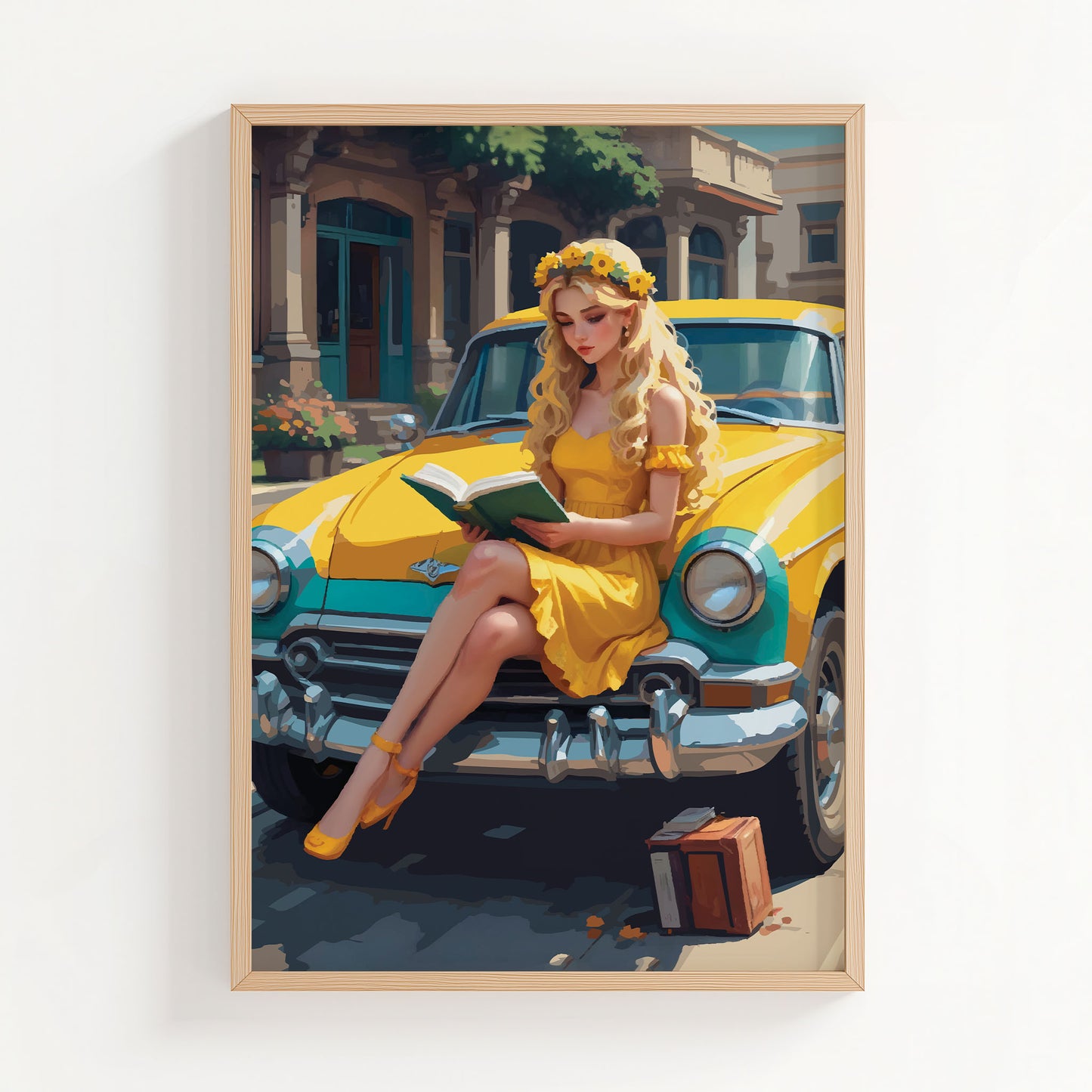Blonde woman in yellow dress reading book on vintage yellow car, sunflower crown cottagecore printable wall art, romantic retro aesthetic digital download