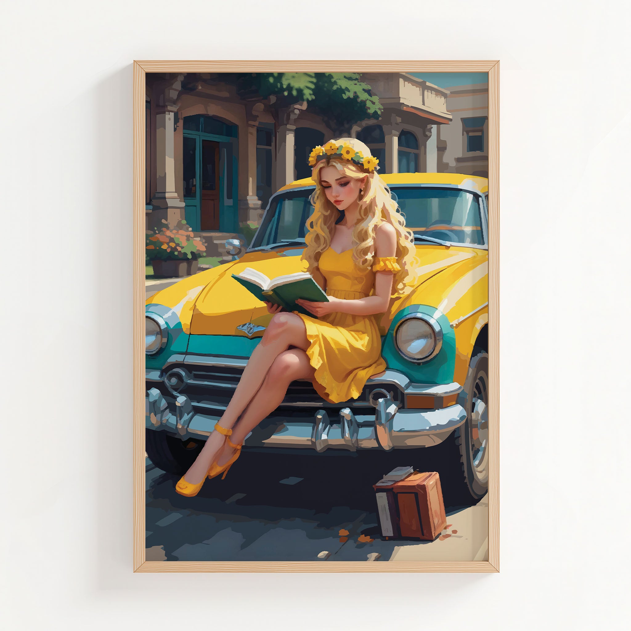Blonde woman in yellow dress reading book on vintage yellow car, sunflower crown cottagecore printable wall art, romantic retro aesthetic digital download