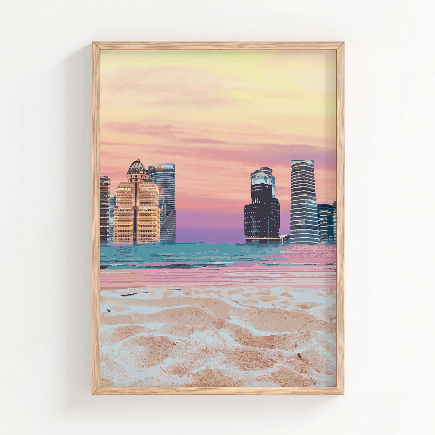 Modern cityscape wall art featuring futuristic skyscrapers along a beach shoreline, with soft sand in the foreground and a vibrant pastel sunset sky blending shades of pink, orange, and purple